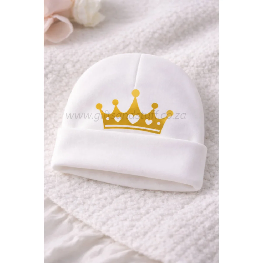 Personalized baby beanie with gold crown custom printed gift